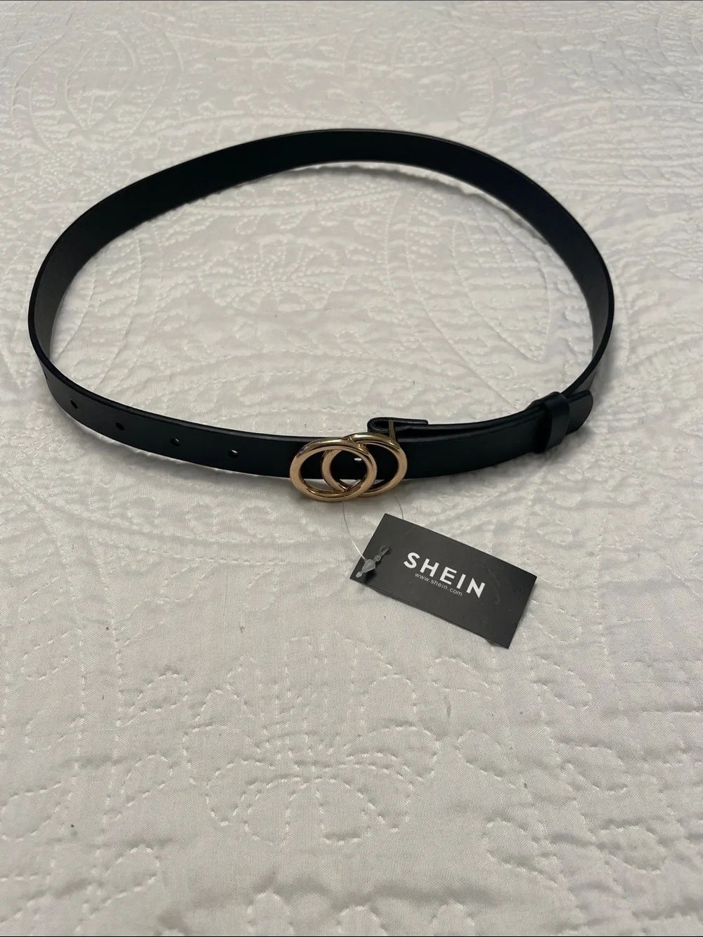 NWT SHEIN Black Faux Leather Belt with Gold Tone Buckle